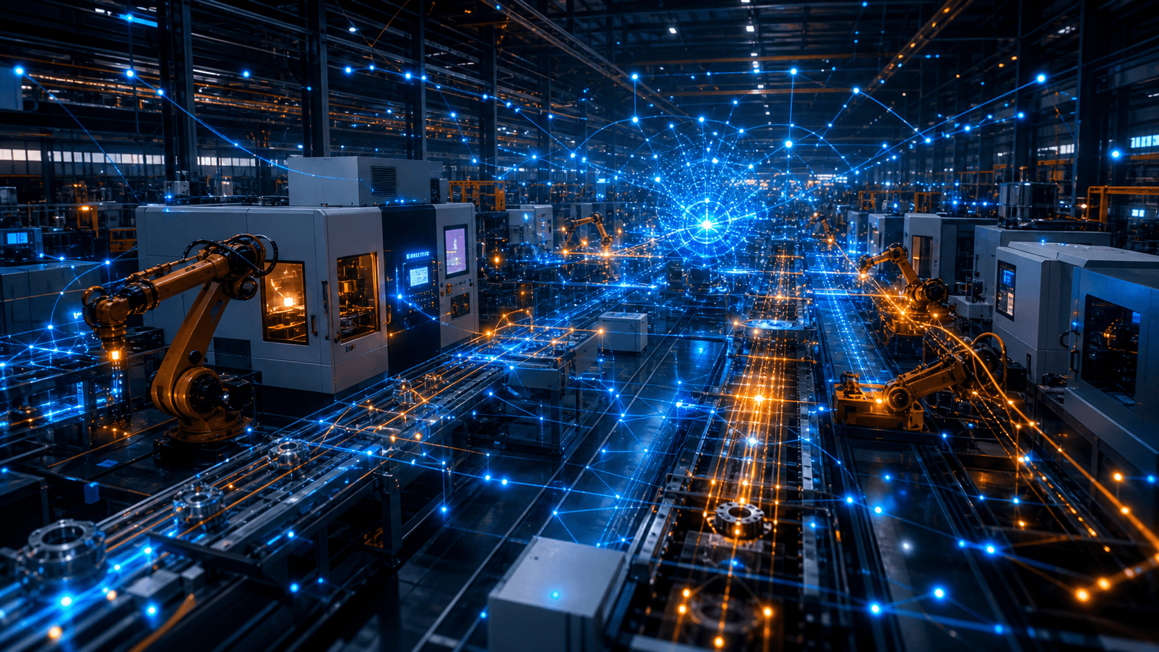Futuristic factory floor with AI neural network overlays